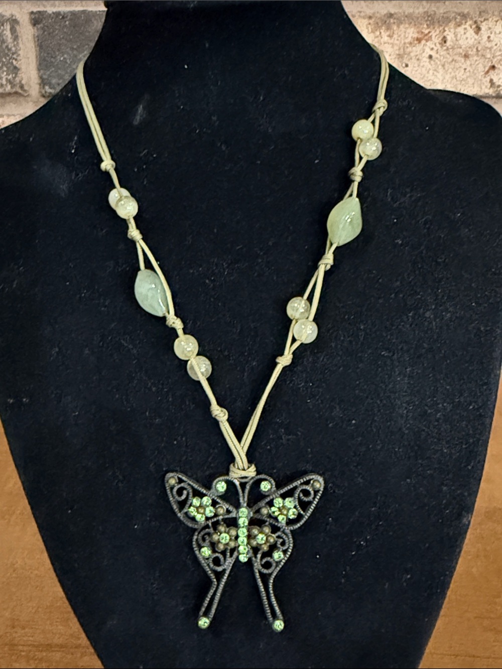 Vintage 90s green Rhinestone Butterfly pendant on stone and cord necklace